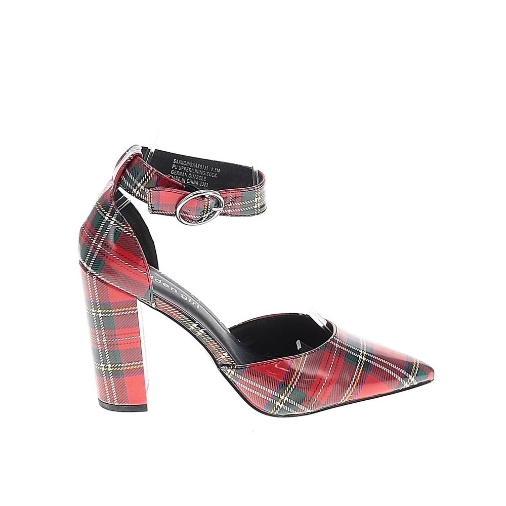 Madden Girl Saxon Pumps Womens 8.5M Red Plaid Excellent Block‎ Heel Ankle Strap